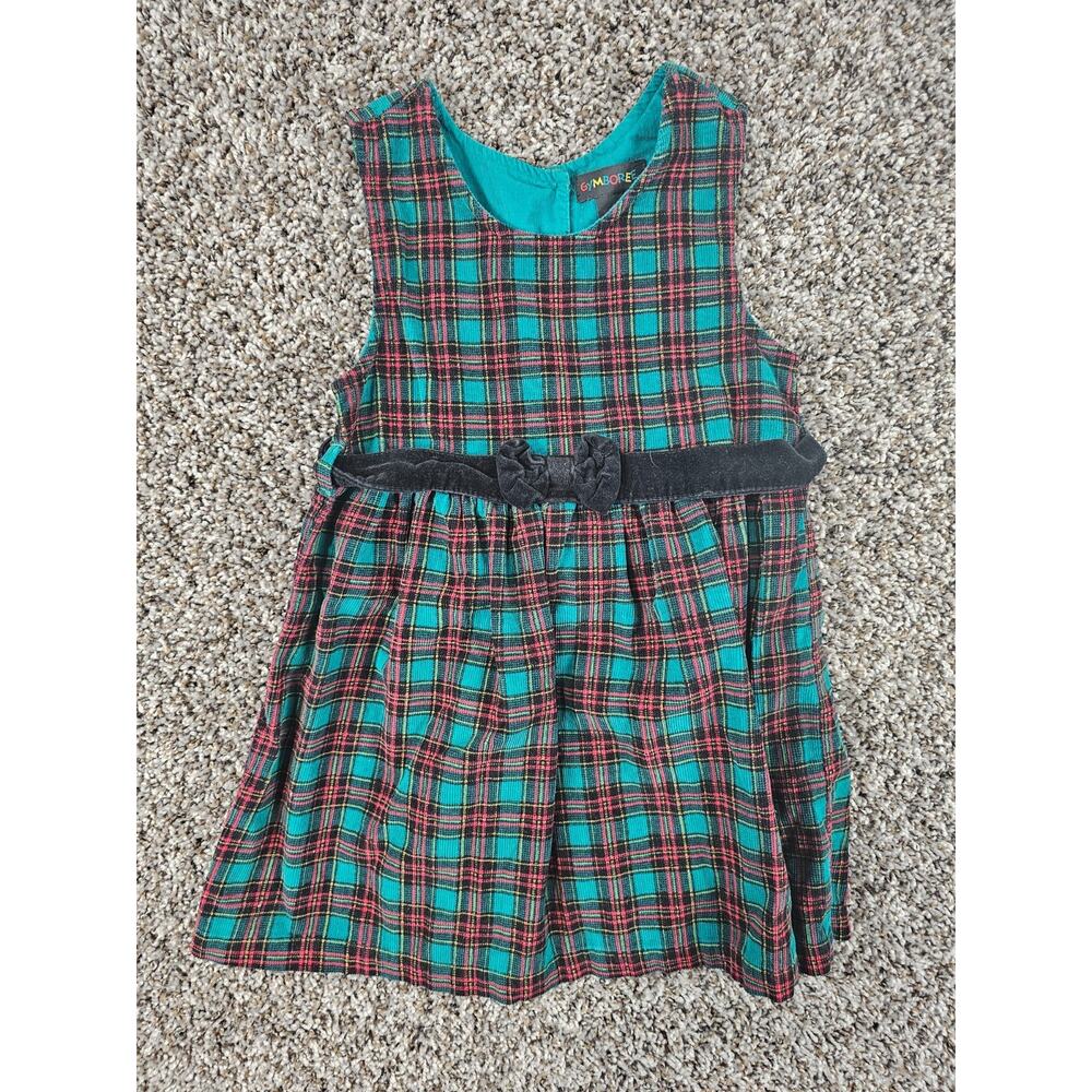 Vintage 90s Gymboree Holiday Plaid Corduroy Dress Green Red Black Bow Sz L